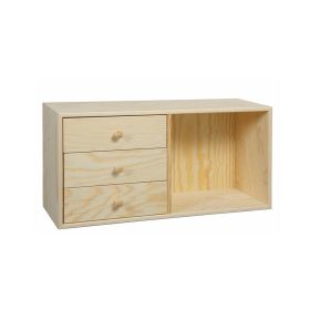 bokhylle i furu 30x60x19 cm, med 3 skuff og 1 rom